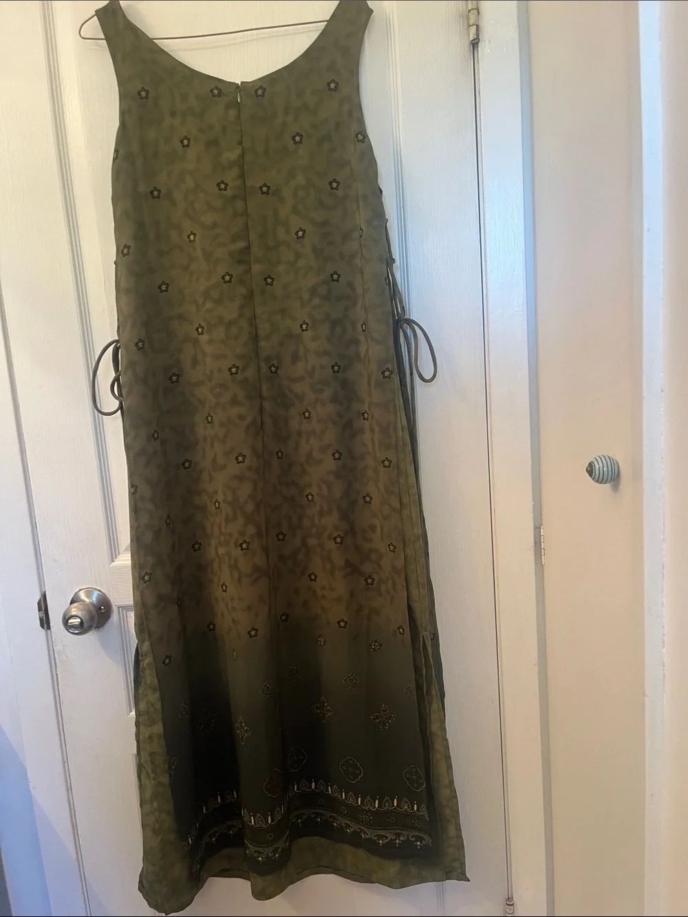Vintage Olive Green Hippie Tank Maxi Dress with Side Ties and Ethnic Vibe - Picture 5 of 5
